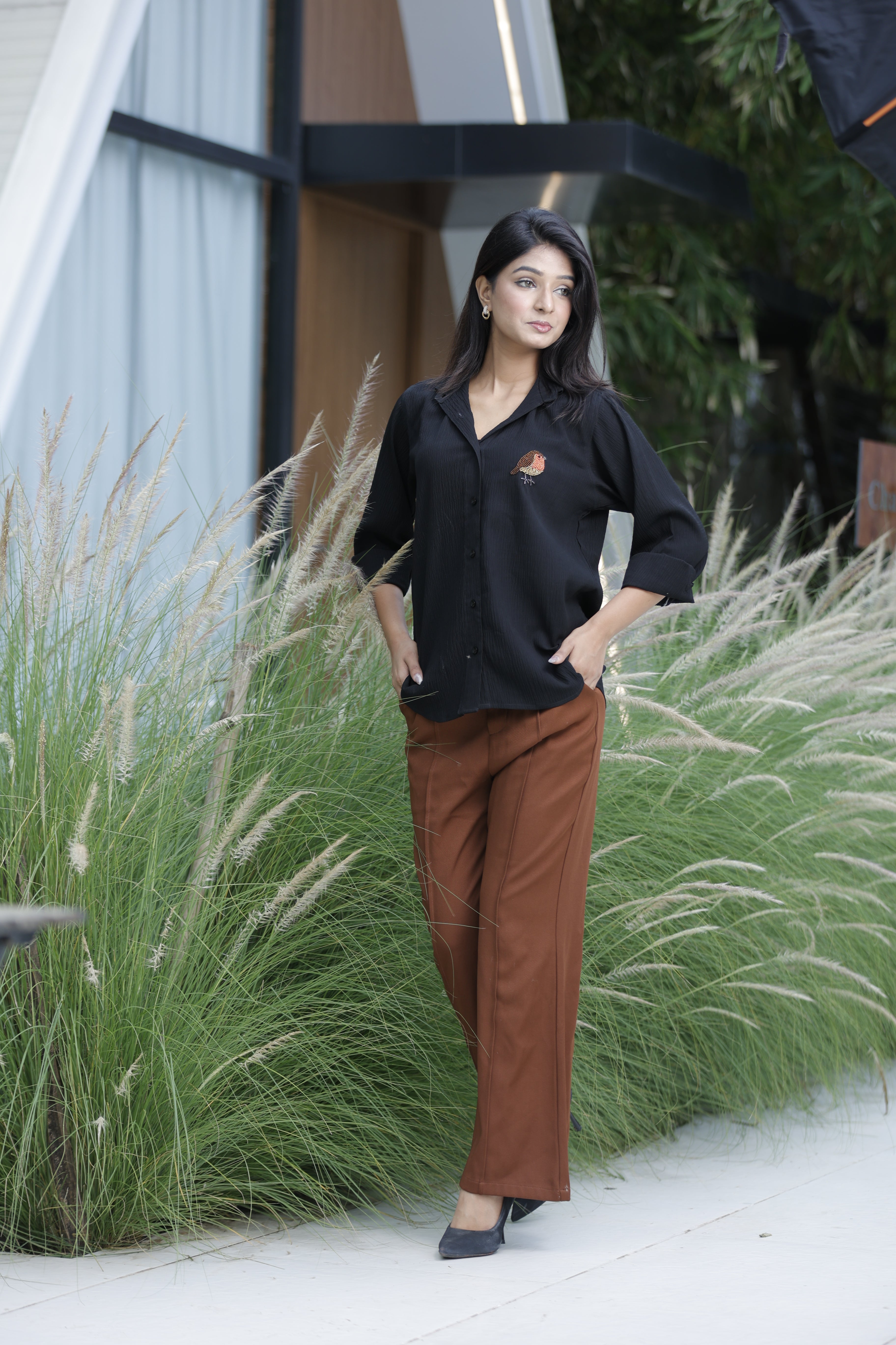 Handcrafted Beaded Robin Bird Button Down Shirt