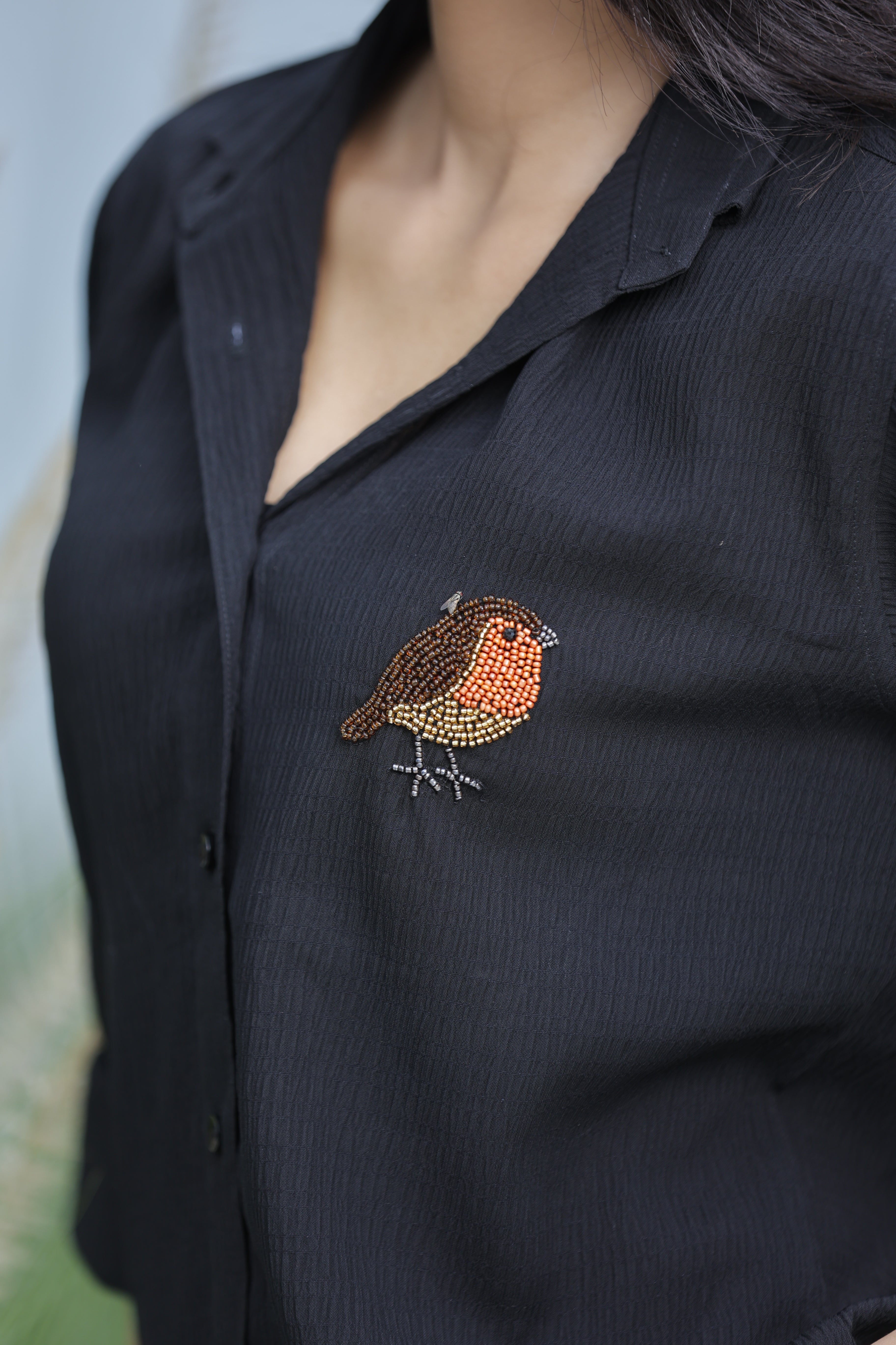 Handcrafted Beaded Robin Bird Button Down Shirt