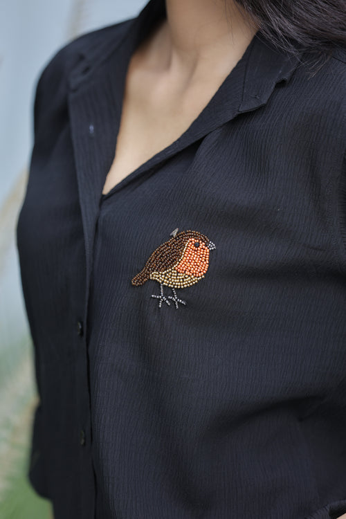 Handcrafted Beaded Robin Bird Button Down Shirt