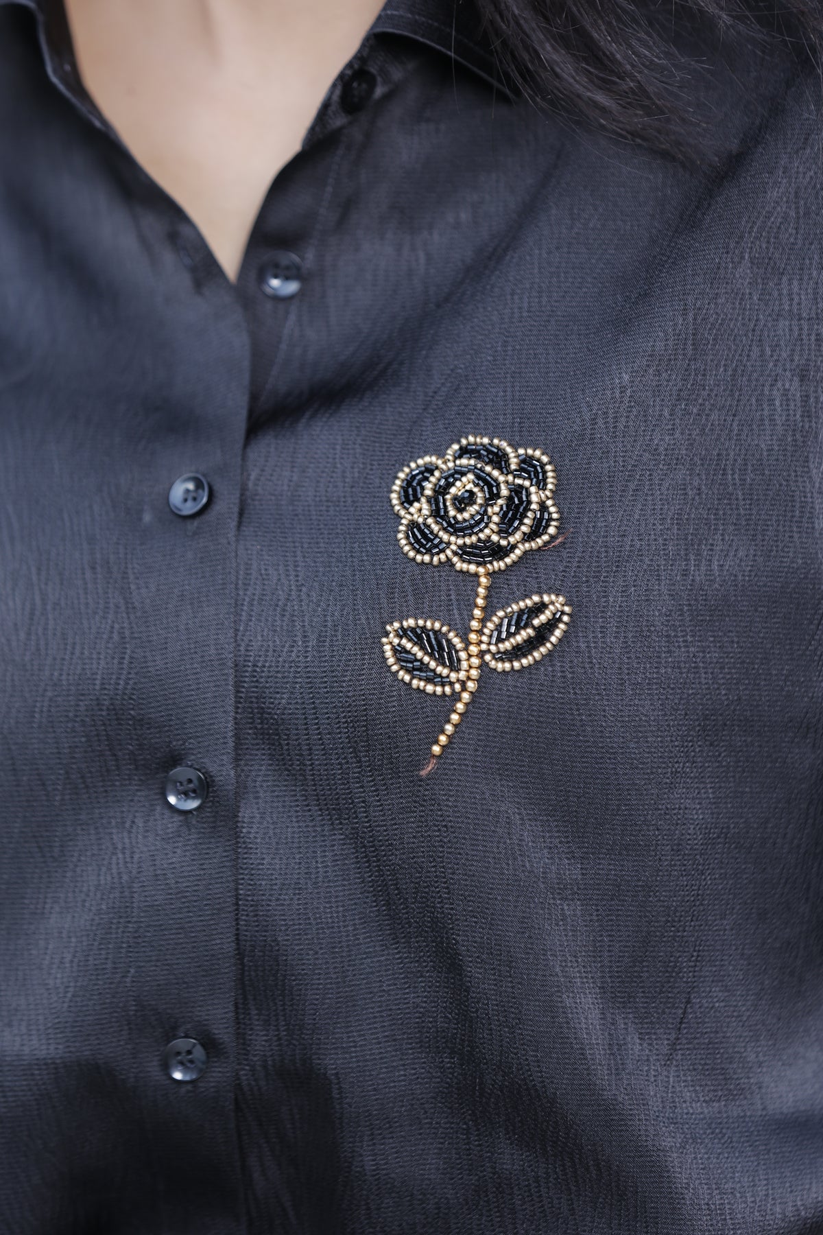 Handcrafted Wearable Art Beaded Rose Button Down Shirt