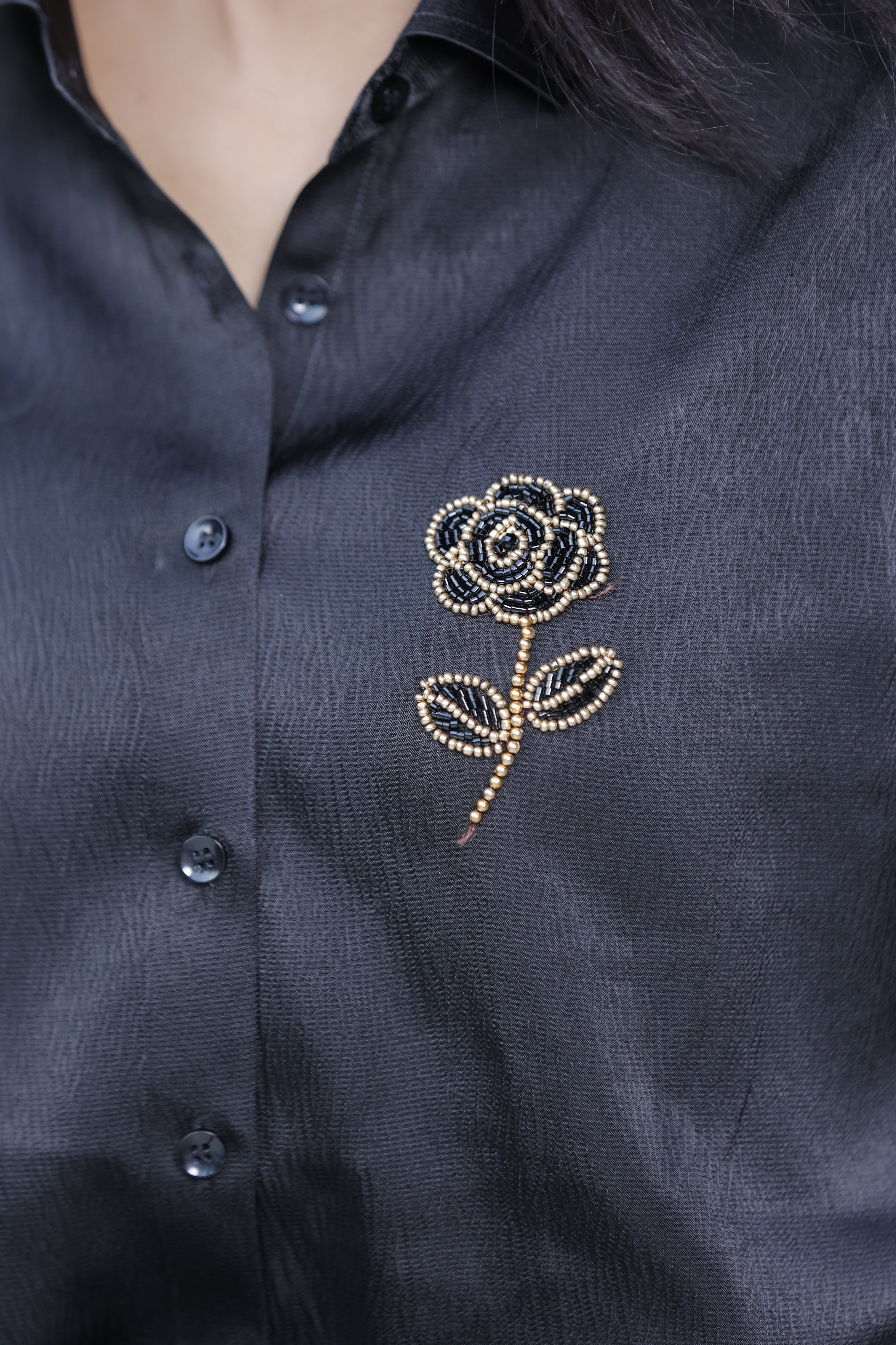 Handcrafted Wearable Art Beaded Rose Button Down Shirt