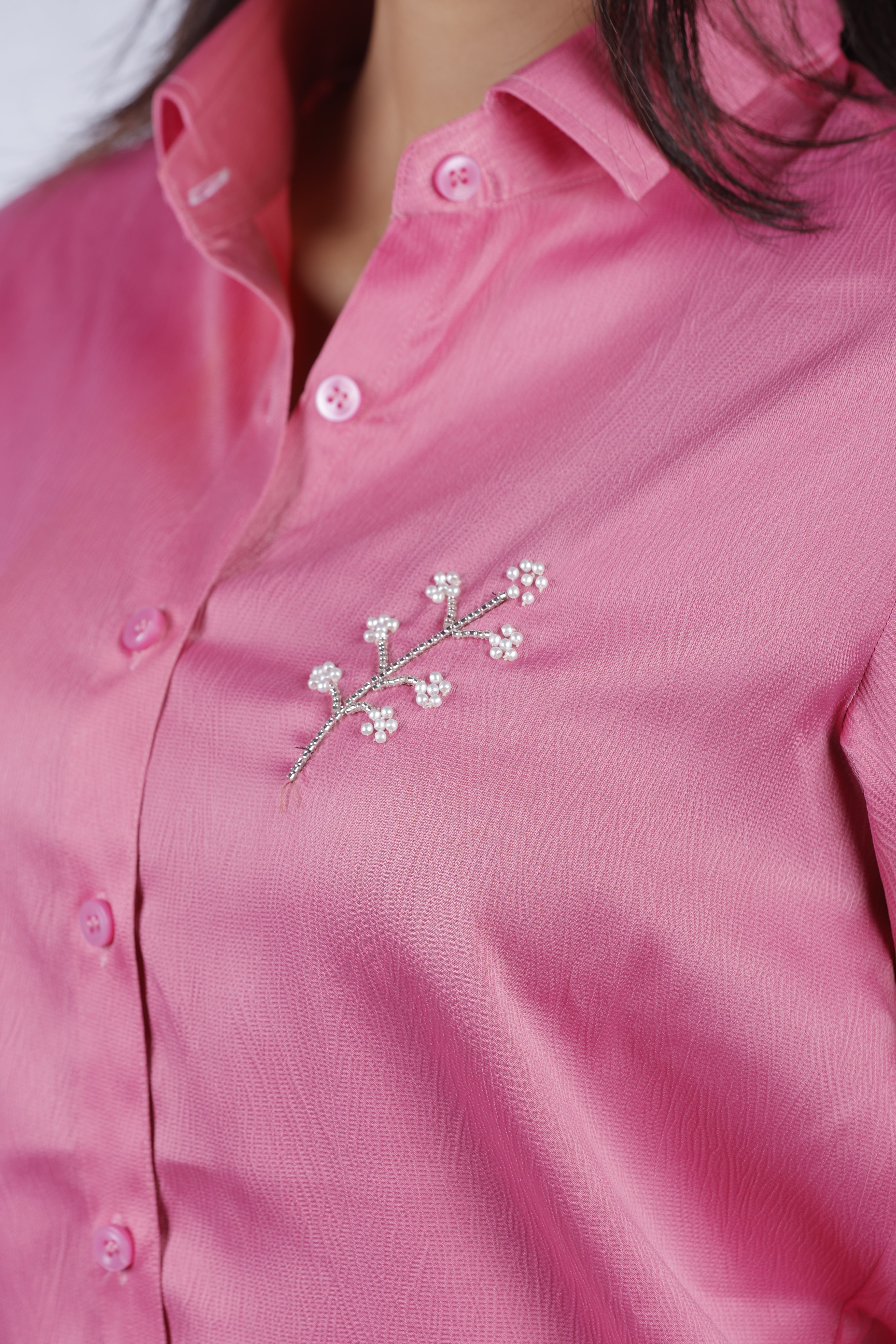 Handcrafted Beaded Cherry Blossom Branch Button Down Shirt,