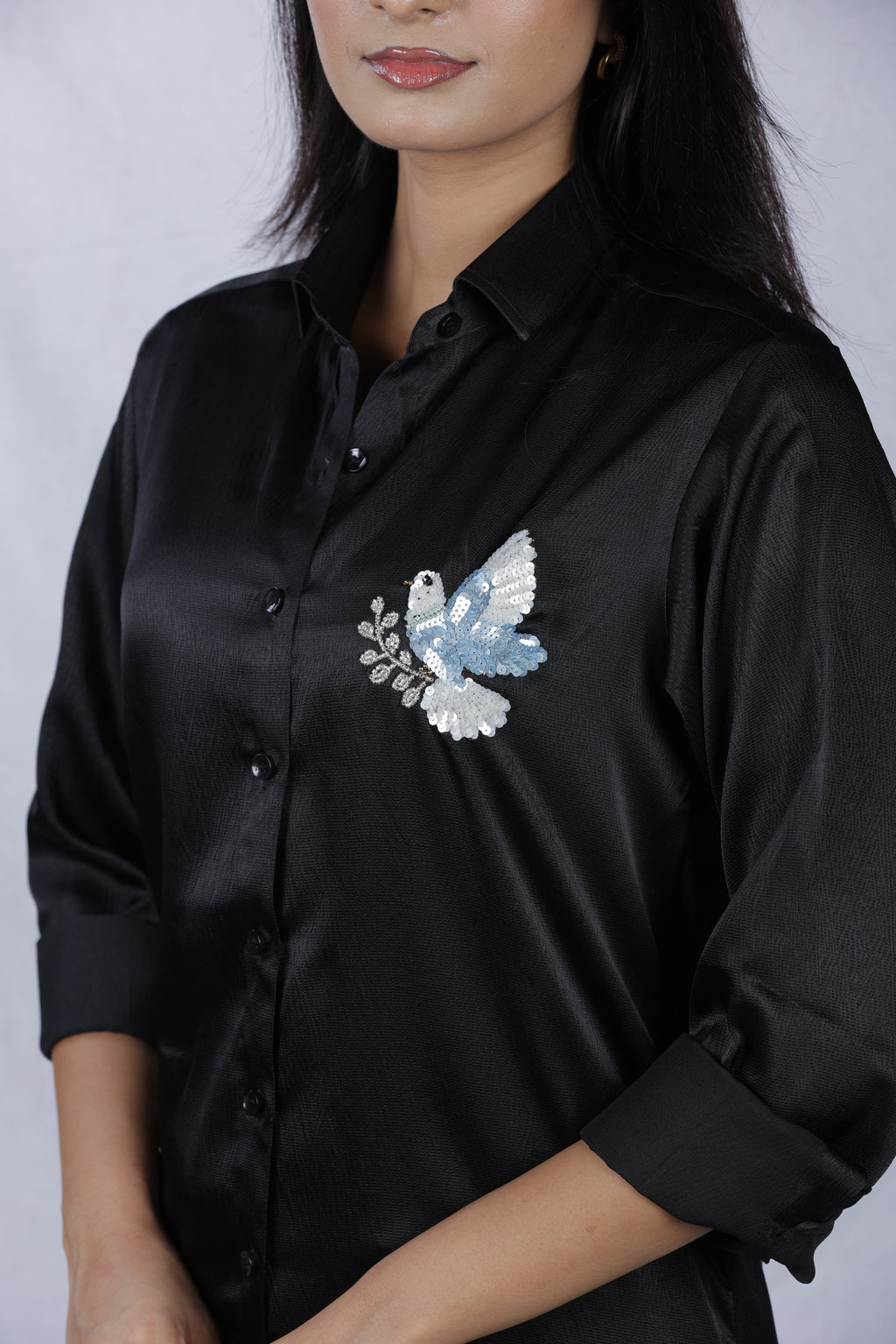 Handcrafted Wearable Art Beaded Dove Button Down Shirt