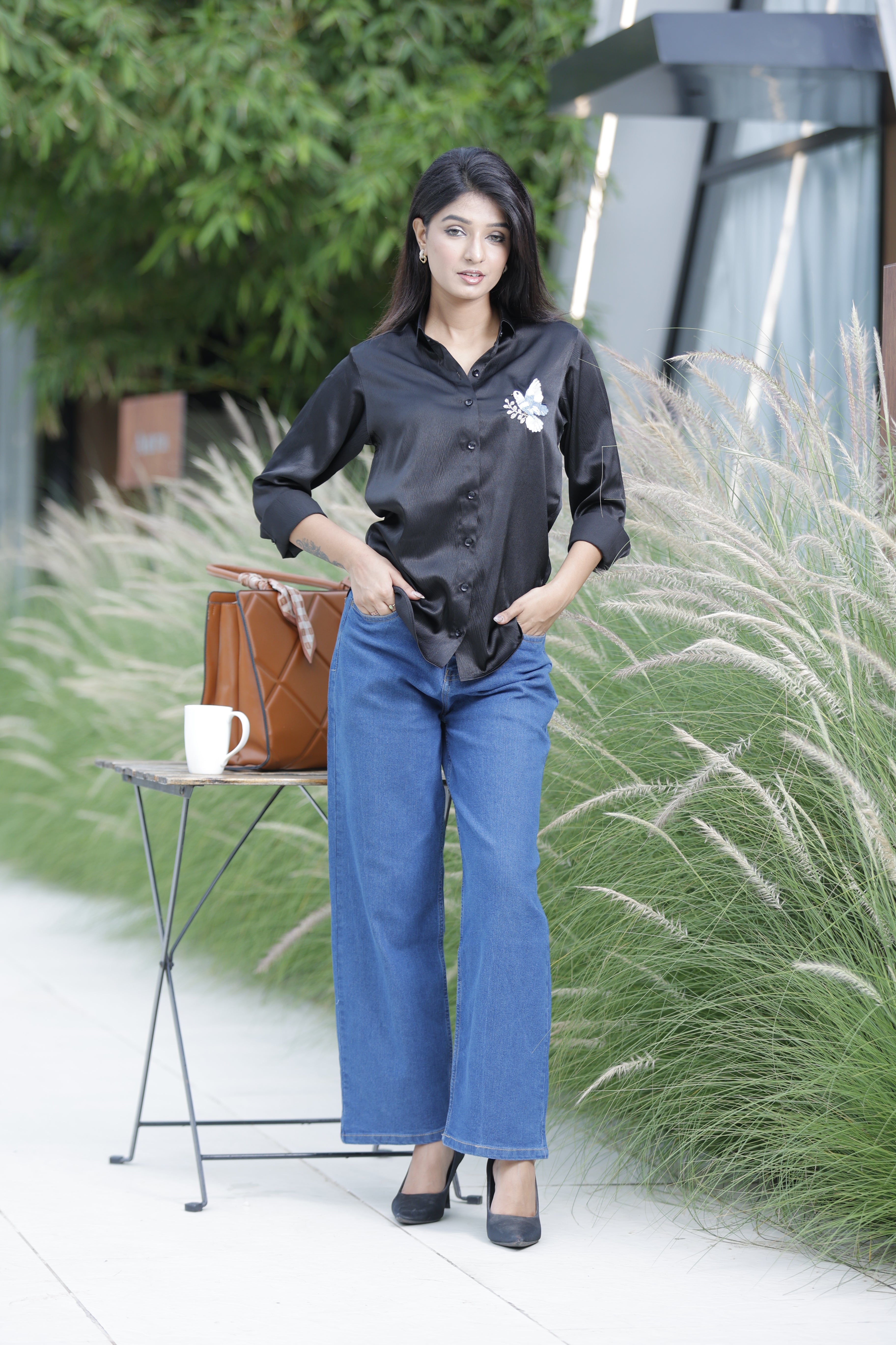 Handcrafted Wearable Art Beaded Dove Button Down Shirt