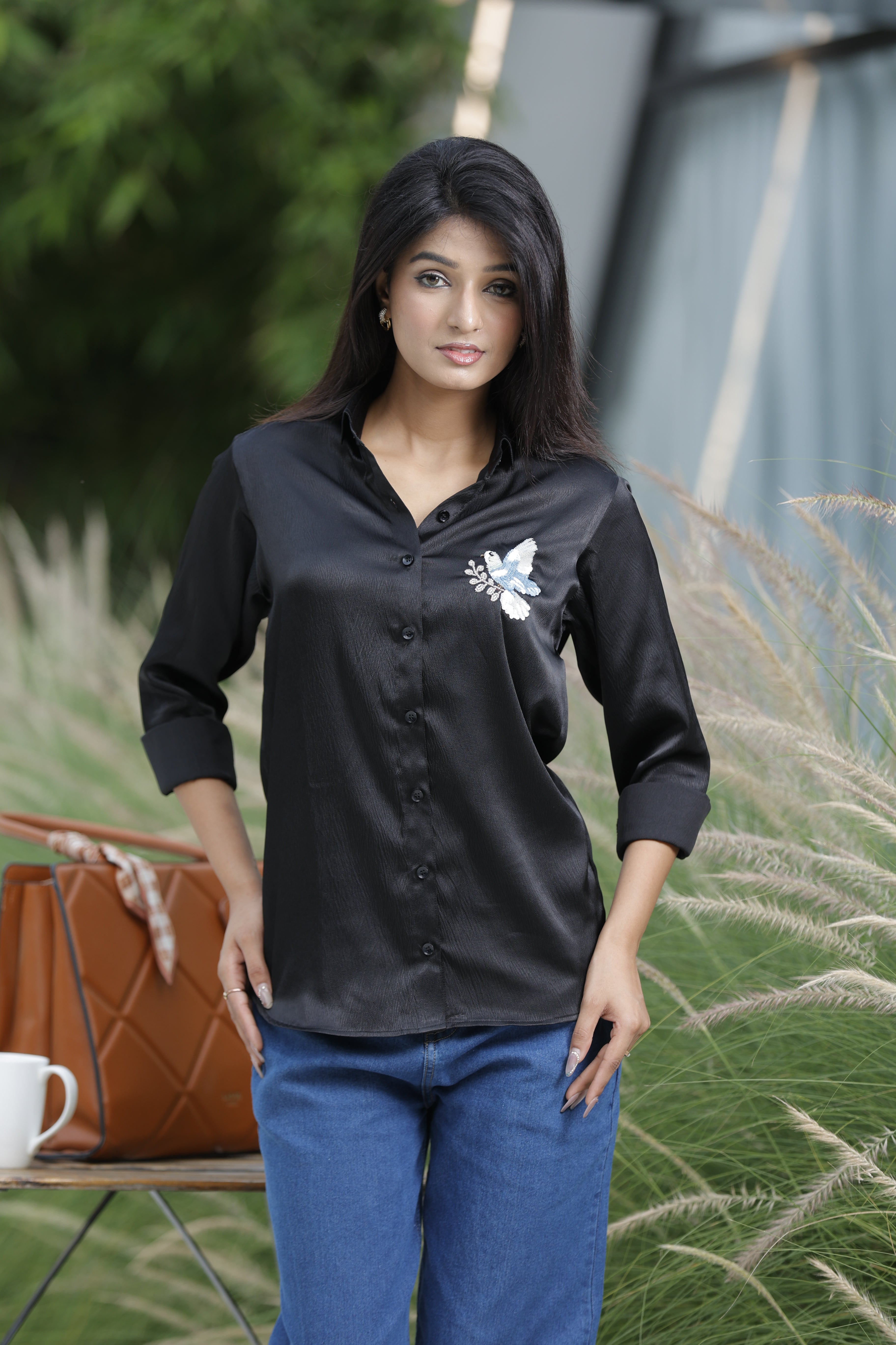 Handcrafted Wearable Art Beaded Dove Button Down Shirt