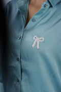 Handcrafted Wearable Art Pearl Bow Button Down Shirt