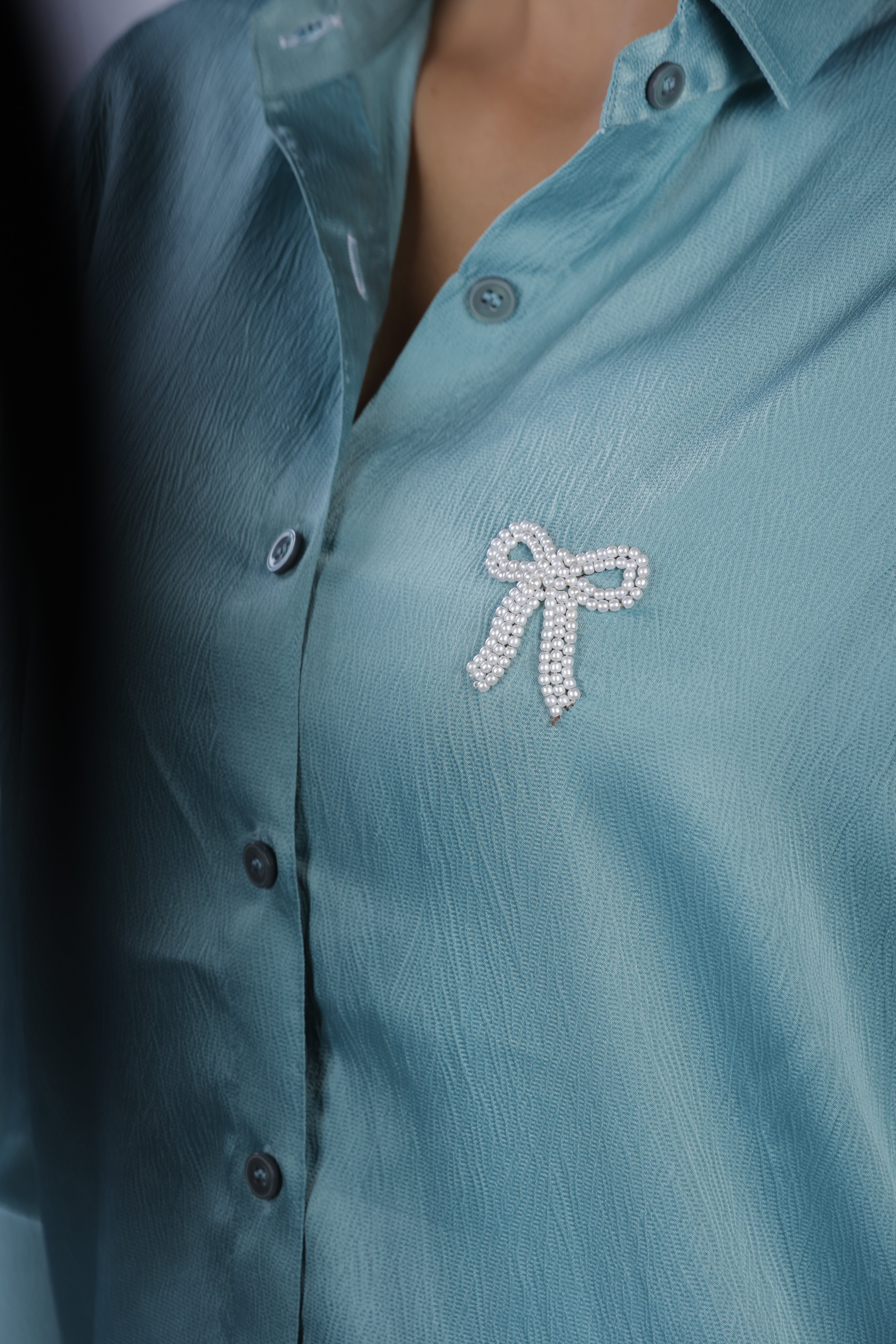 Handcrafted Wearable Art Pearl Bow Button Down Shirt