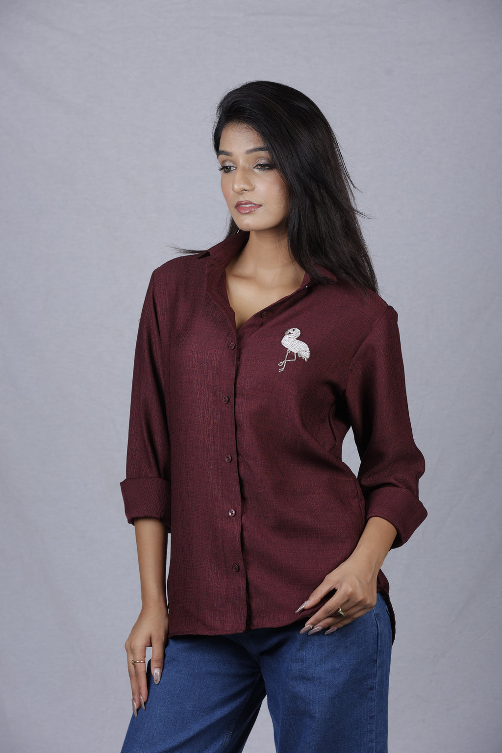 Handcrafted Wearable Art Beaded Flamingo Button Down Shirt