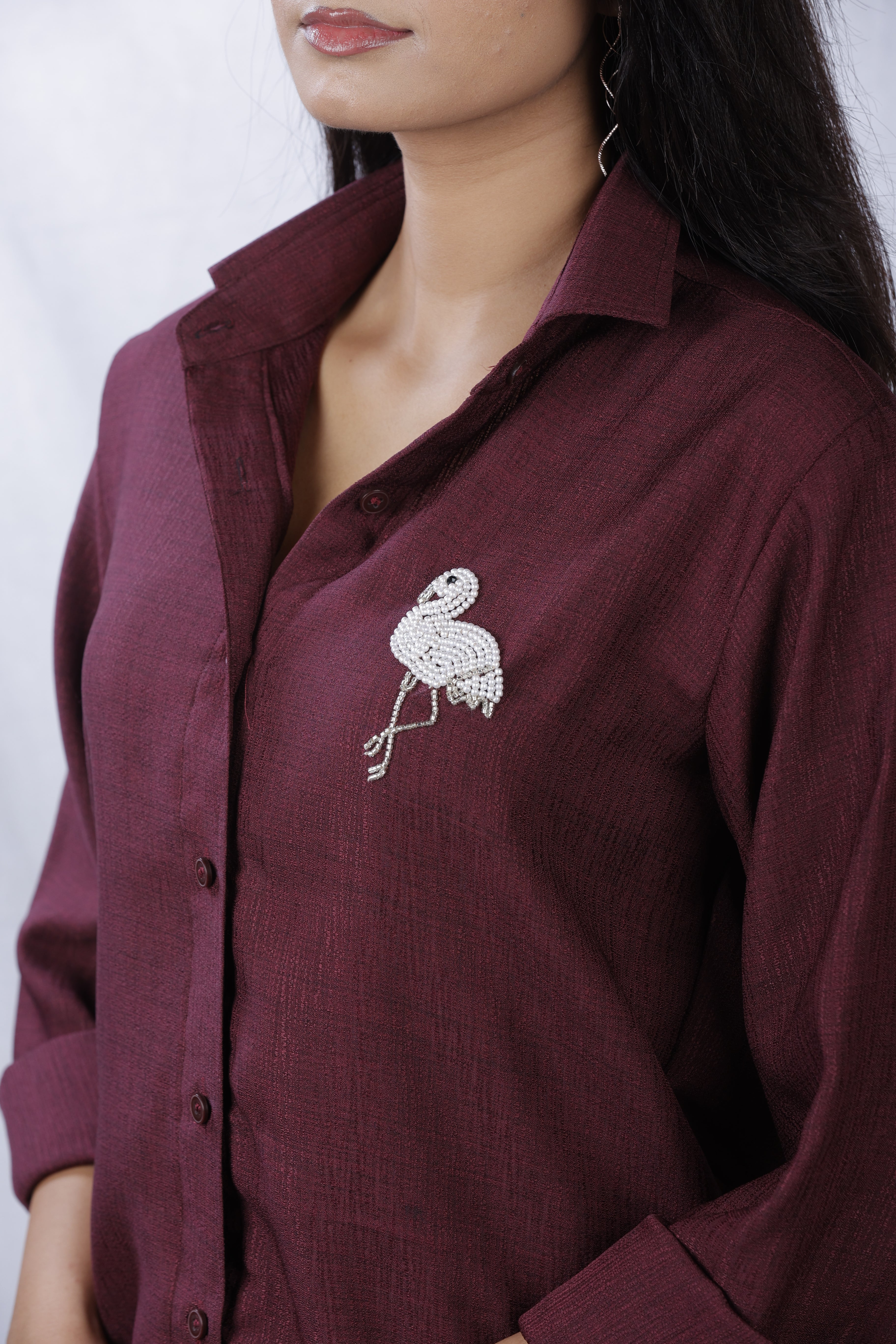 Handcrafted Wearable Art Beaded Flamingo Button Down Shirt