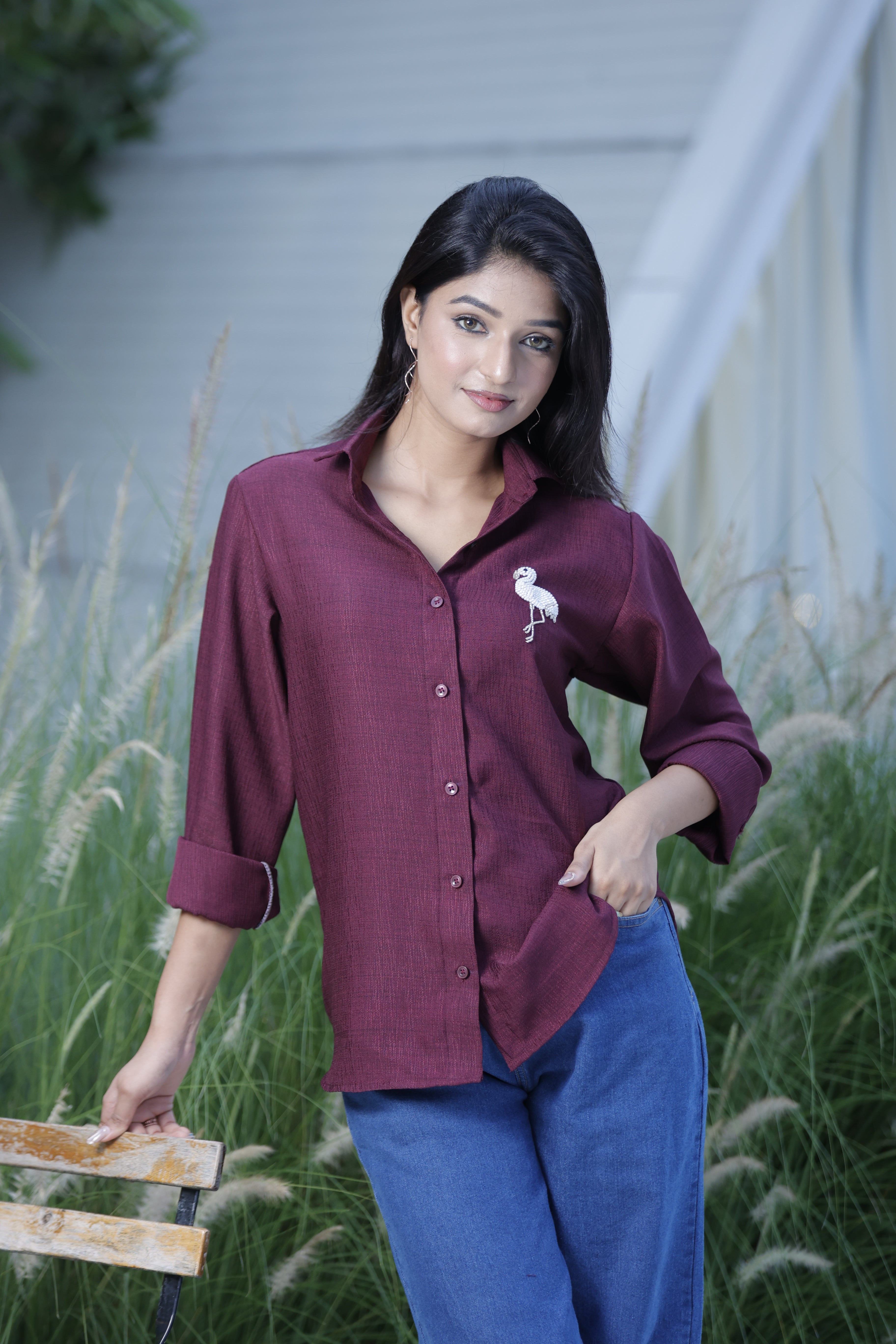 Handcrafted Wearable Art Beaded Flamingo Button Down Shirt