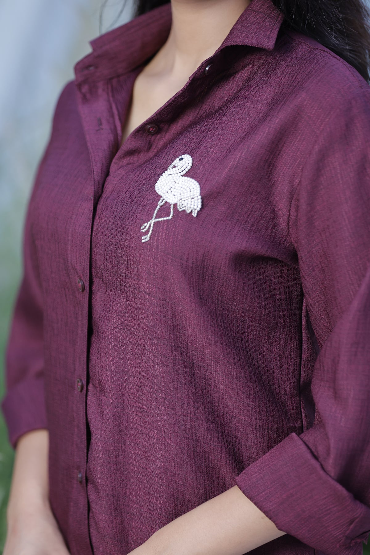 Handcrafted Wearable Art Beaded Flamingo Button Down Shirt