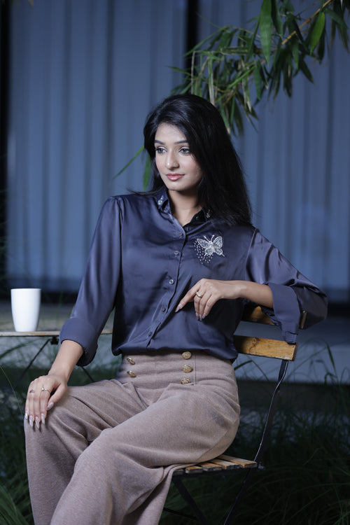 Handcrafted Crystal Butterfly Button Down Shirt,