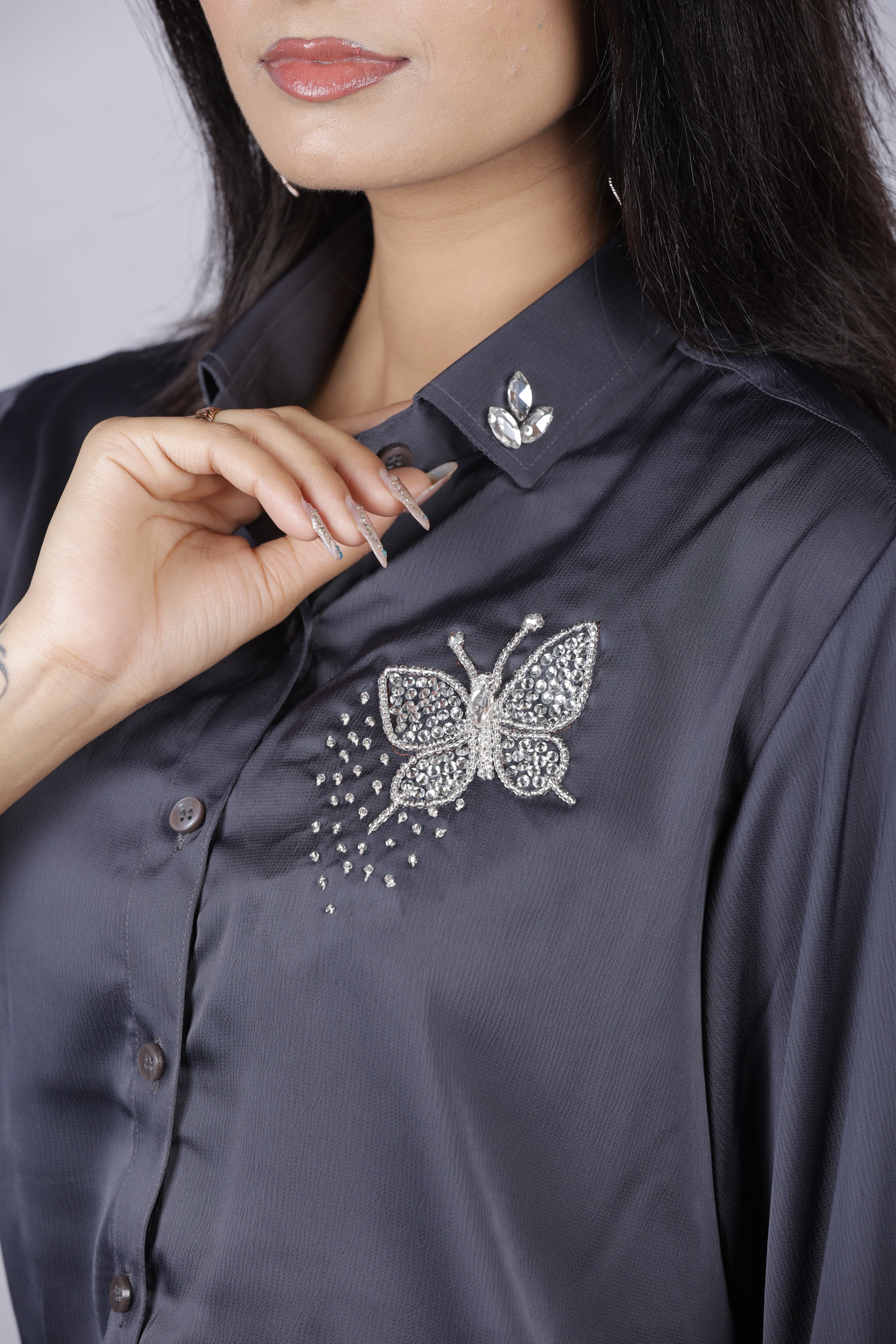 Handcrafted Crystal Butterfly Button Down Shirt,