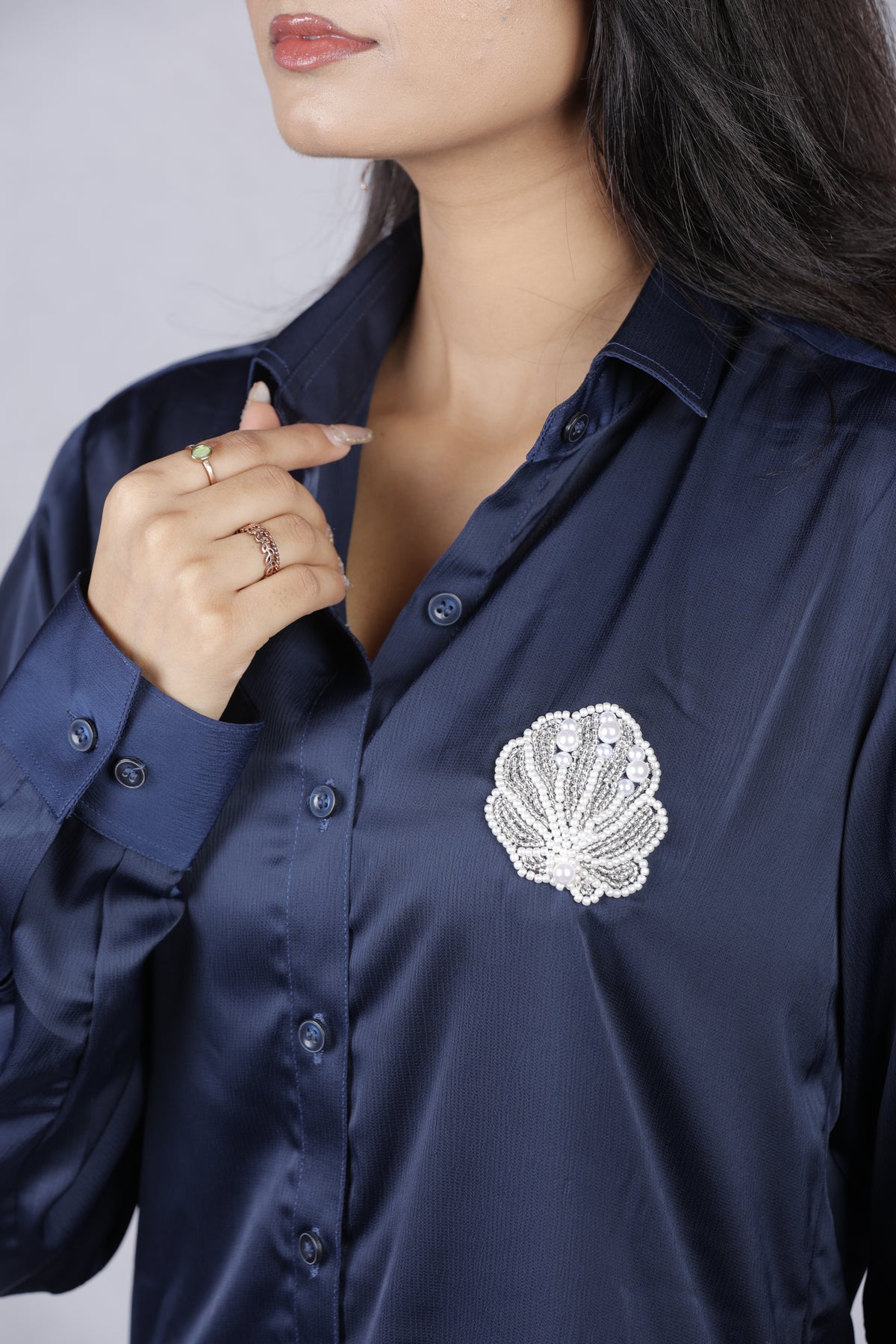 Handcrafted Wearable Art Pearl Seashell Button Down Shirt