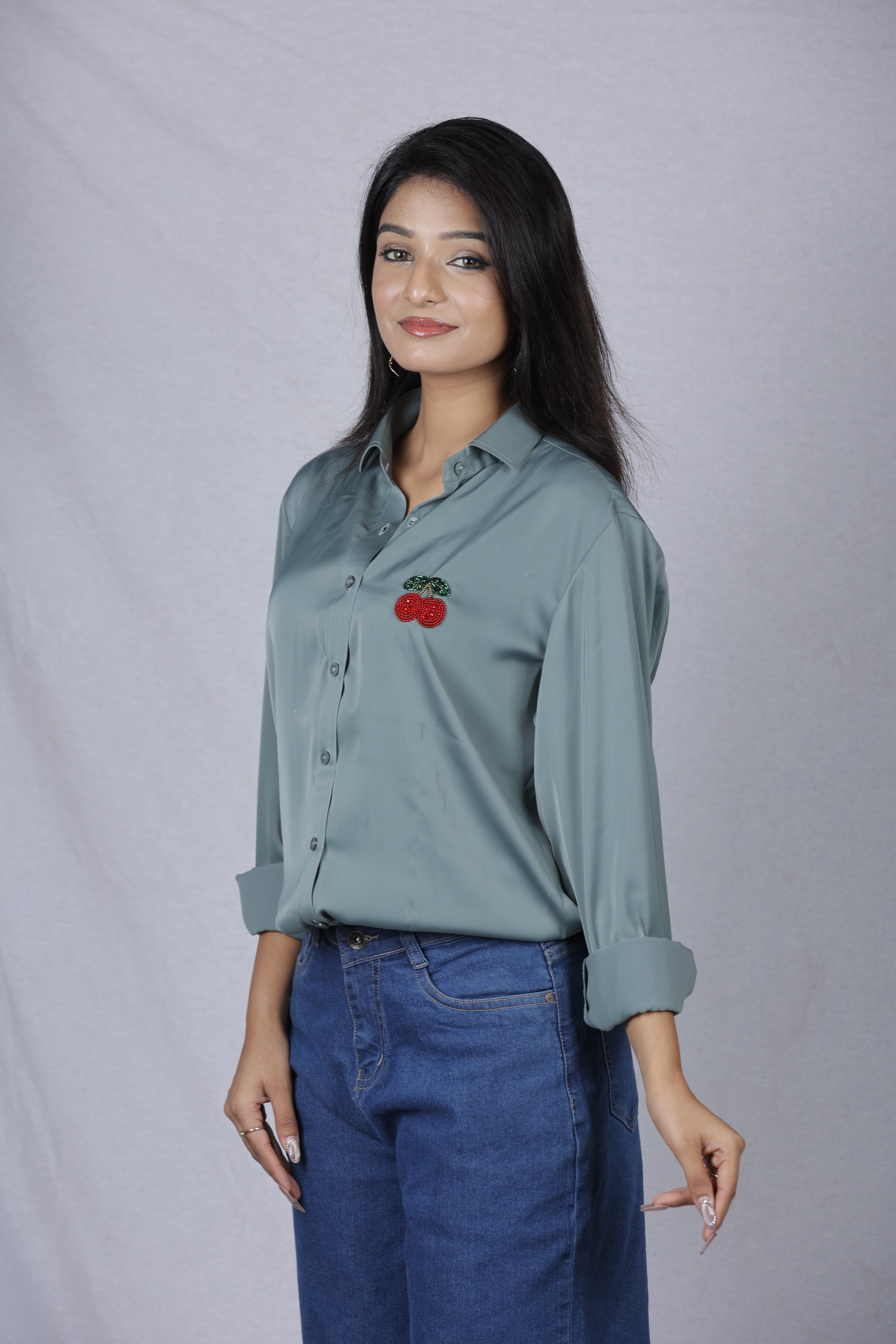 Handcrafted Wearable Art Beaded Cherry Button Down Shirt