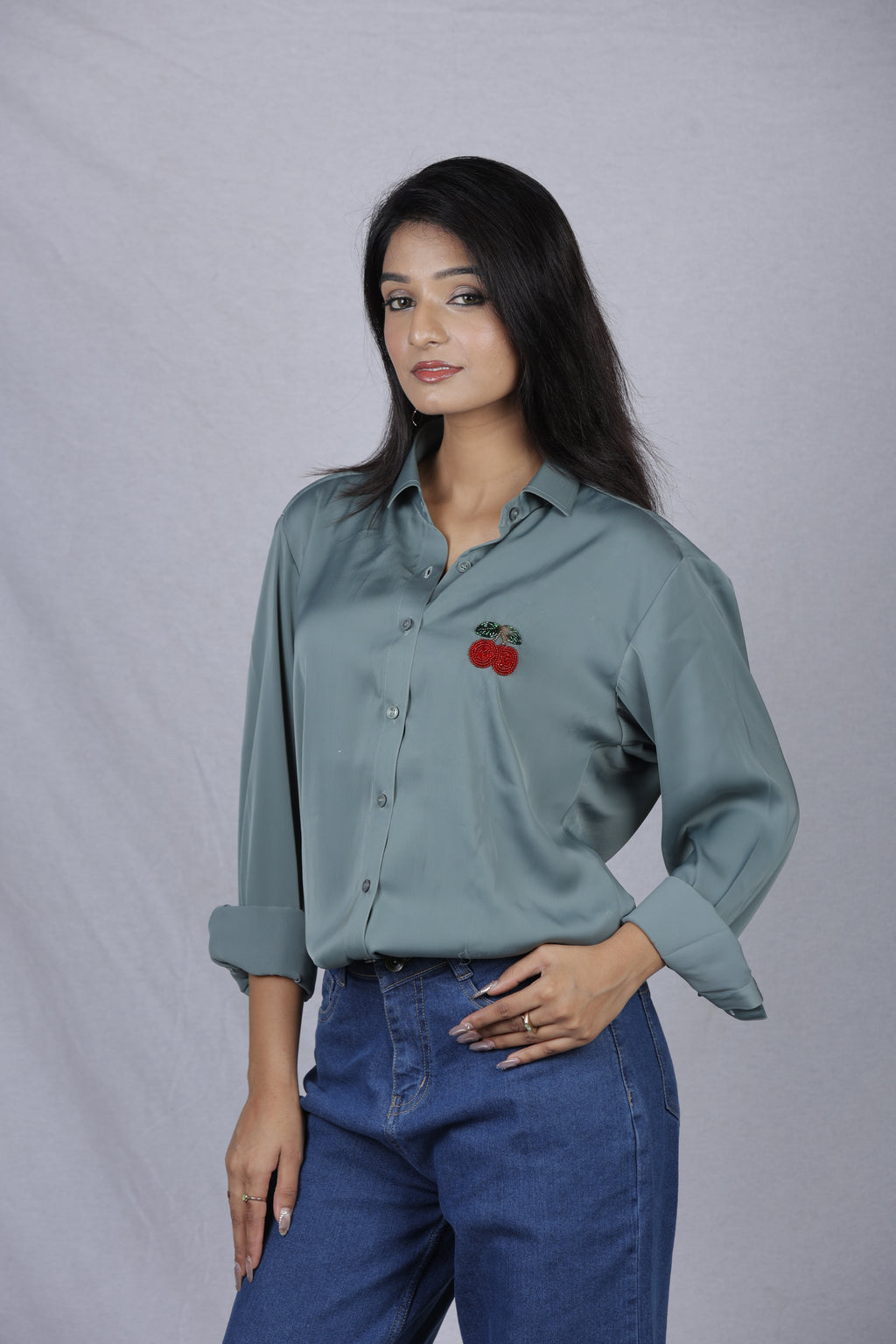 Handcrafted Wearable Art Beaded Cherry Button Down Shirt