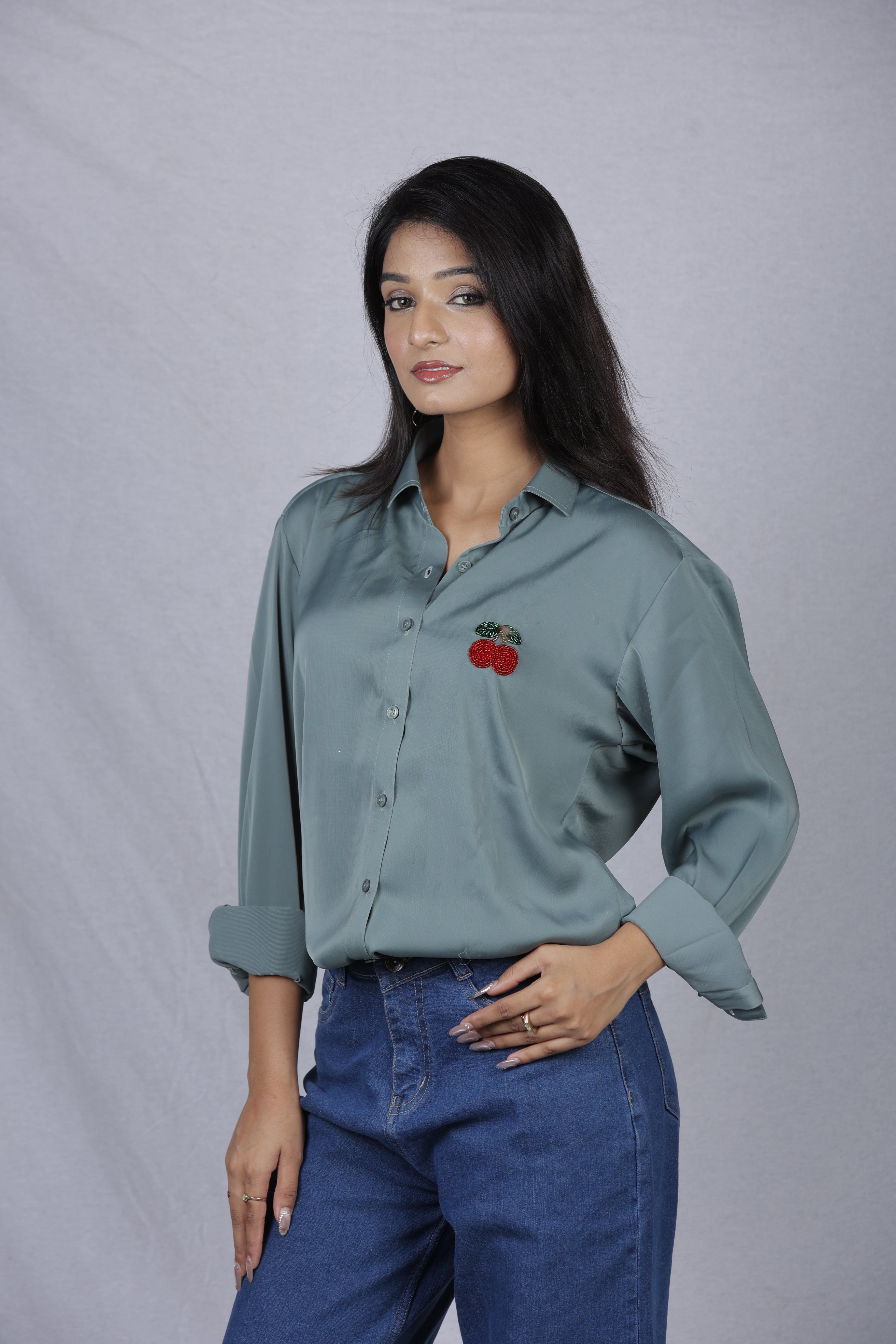 Handcrafted Wearable Art Beaded Cherry Button Down Shirt