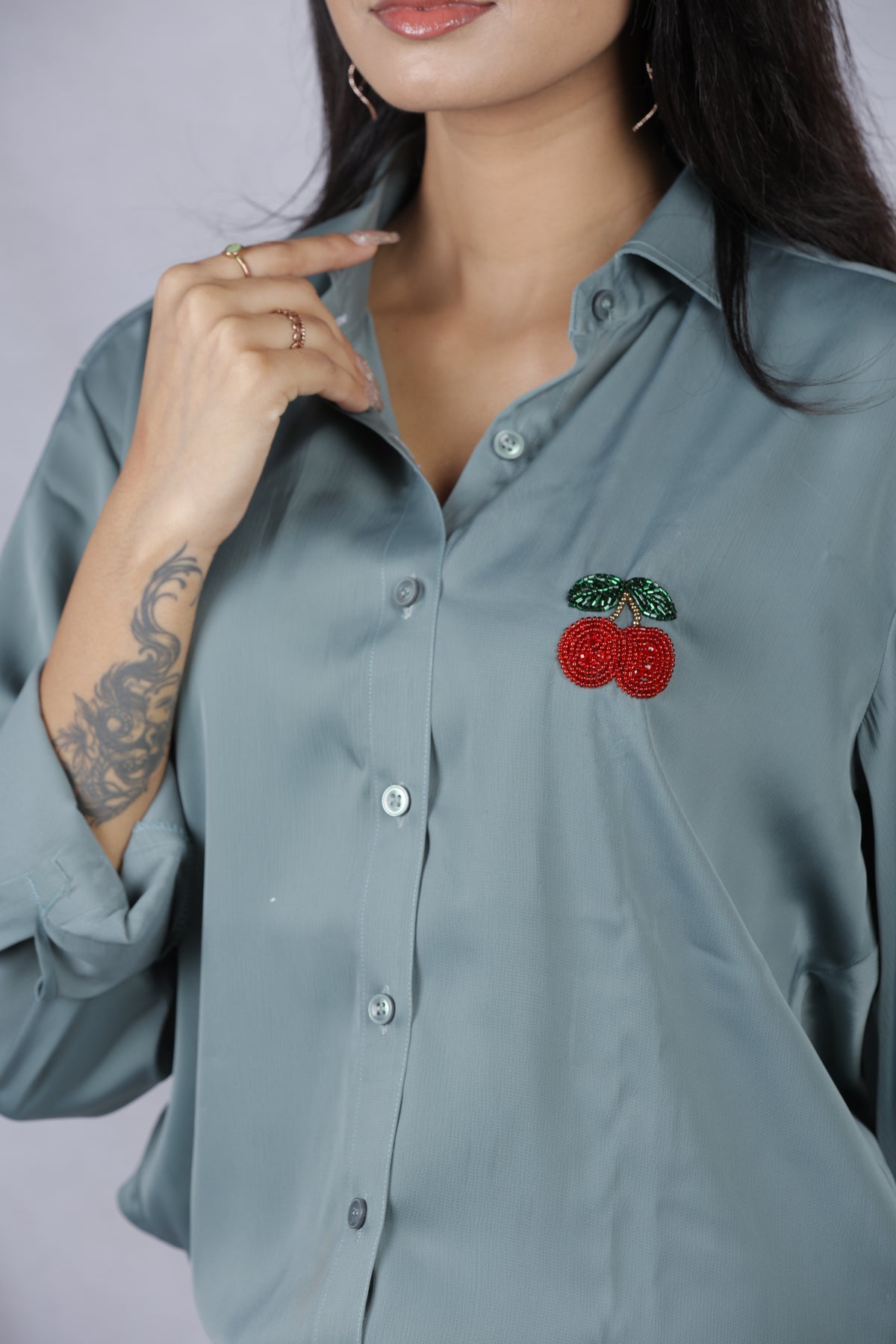 Handcrafted Wearable Art Beaded Cherry Button Down Shirt